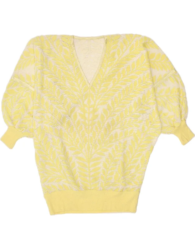 VINTAGE Womens Oversized V-Neck Jumper Sweater UK 22 3XL Yellow Floral Chenille Fabric Brocade Fabric Lace Fabric