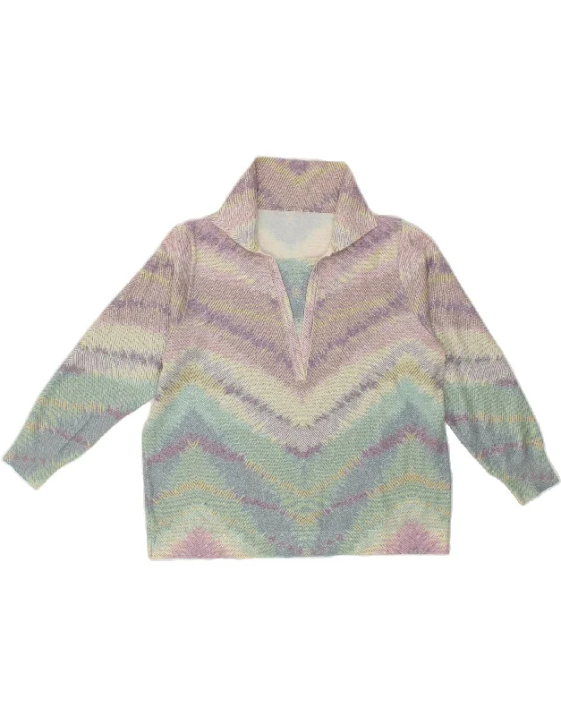 VINTAGE Womens Polo Neck Jumper Sweater UK 14 Medium Multicoloured Chevron Ribbed Striped Patterned