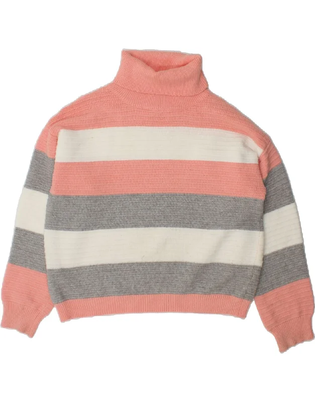 VINTAGE Womens Roll Neck Jumper Sweater UK 12 Medium Pink Striped Viscose Hooded Sweater Collared Sweater Shawl Collar