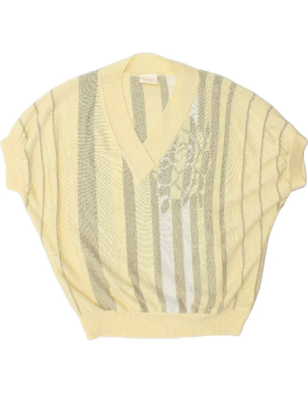 VINTAGE Womens Short Sleeve V-Neck Jumper Sweater IT 54 3XL Yellow Striped Striped Floral Plaid