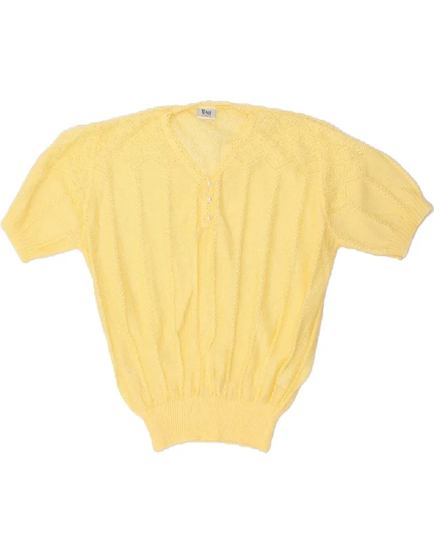 VINTAGE Womens Short Sleeve V-Neck Jumper Sweater UK 12 Medium Yellow Machine Wash Dry Clean Hand Wash