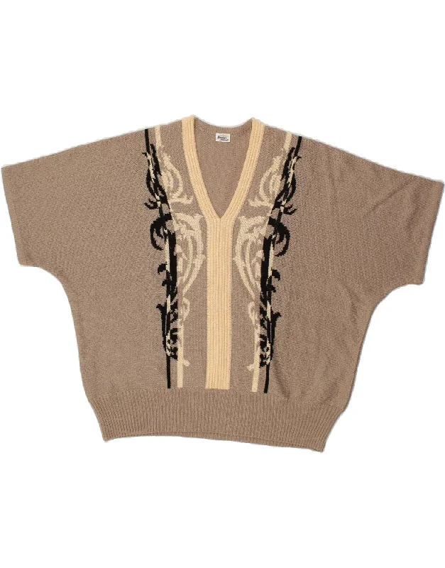 VINTAGE Womens Short Sleeve V-Neck Jumper Sweater UK 20 2XL Beige Paisley Mesh Blend Leather Blend Suede Blend