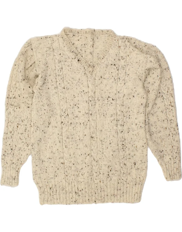 VINTAGE Womens V-Neck Jumper Sweater UK 12 Medium Beige Flecked Seamless Knitted Crochet