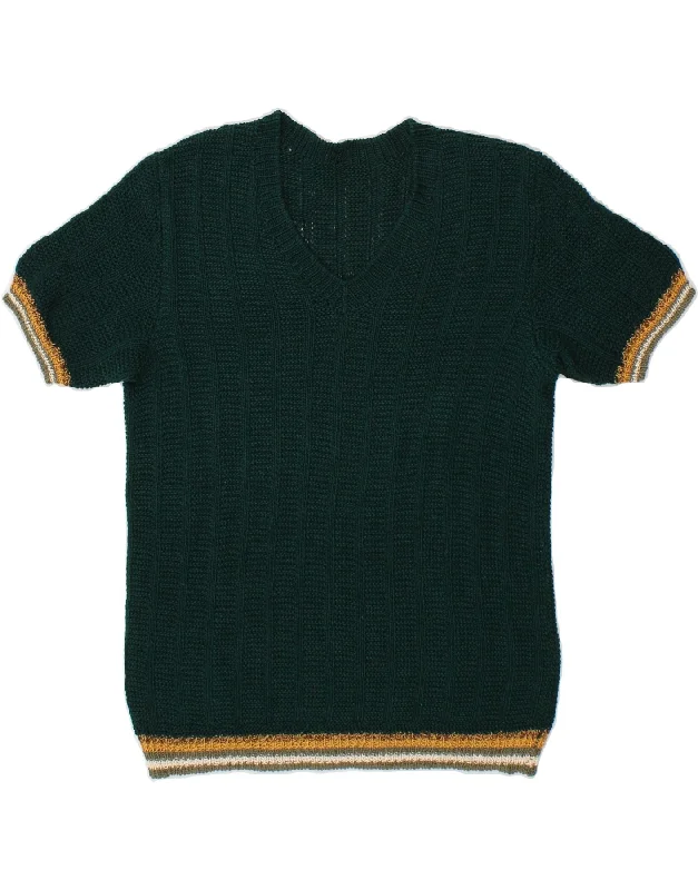 VINTAGE Womens V-Neck Jumper Sweater UK 12 Medium Green Colourblock Collared Crew Neck Turtle Neck