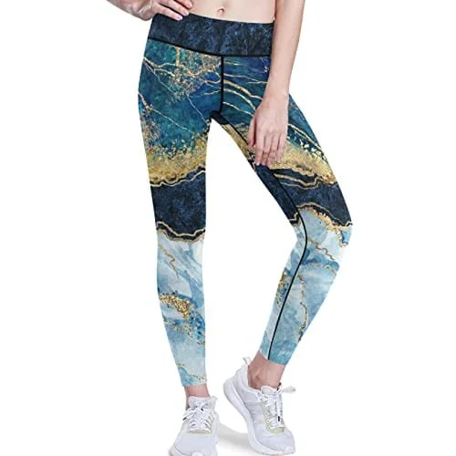 visesunny High Waist Yoga Pants with Pockets Blue Marble Pattern Gold Foil Glitter Decor Buttery Soft Tummy Control Running Workout Pants 4 Way Stretch Pocket Leggings Fashionable Embroidered Detail Leggings