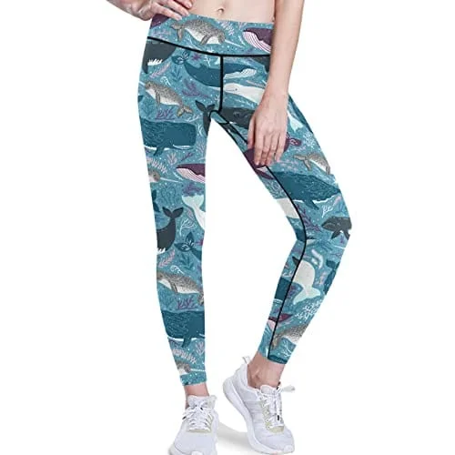 visesunny High Waist Yoga Pants with Pockets Blue Whale Marine Mammal Dot Buttery Soft Tummy Control Running Workout Pants 4 Way Stretch Pocket Leggings Cozy Ribbed Leggings