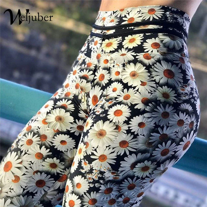 Weljuber Flower Prints Leggings 2018 New Fashion Womens High Waist Push Up Hips Leggings Sexy High Elastic Skinny Trousers Fashionable High-Rise Leggings