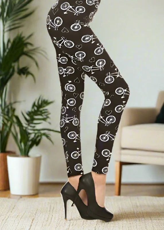 Womens Bike Printed Leggings, Soft Yoga Pants, Sizes 0-18, No-Roll Waist, Black/White Fashionable Moisture-Wicking Leggings