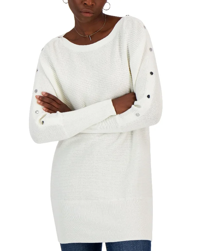 Women's Button-Trim Boat-Neck Sweater Sequined Glittery Shiny