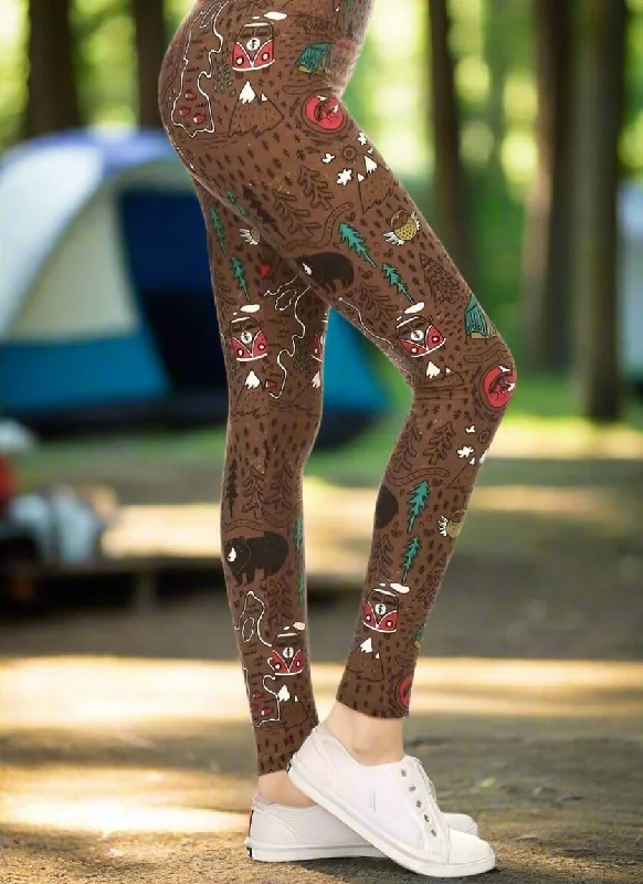 Womens Camper Bear Fox Owl Leggings, Soft Yoga Pants, Sizes 18-22, No-Roll Waist, Brown Chic Velvet Soft Leggings