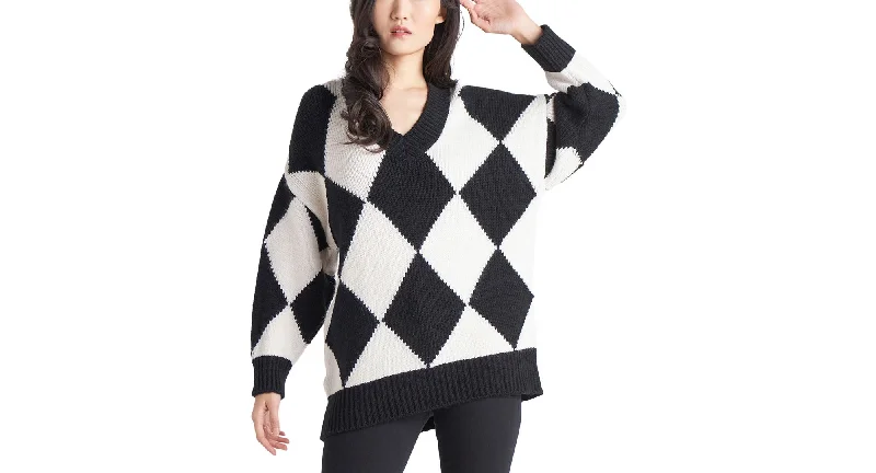 Women's Checkered-Knit Long-Sleeve Sweater Hooded Caped Shawl Collar