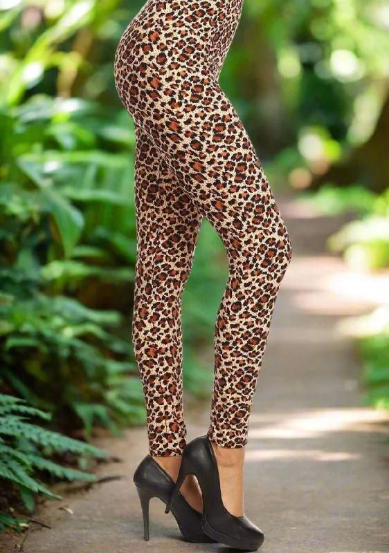 Womens Cheetah Leopard Leggings, Soft Yoga Pants, Sizes 0-18, No-Roll Waist, Brown/Black Elegant Printed Leggings with Pockets