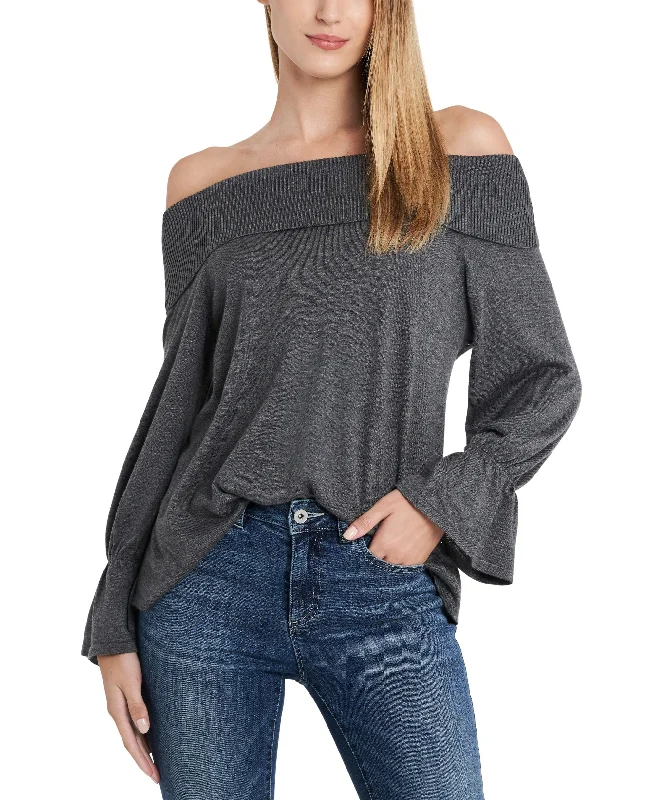 Women's Off-The-Shoulder Bell-Sleeve Sweater Mesh Blend Leather Blend Suede Blend