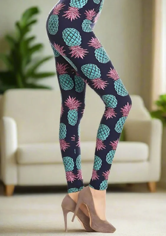 Womens Pineapple Leggings, Soft Yoga Pants, Sizes 0-10, No-Roll Waistband, Blue/Pink Comfortable Athletic Tights