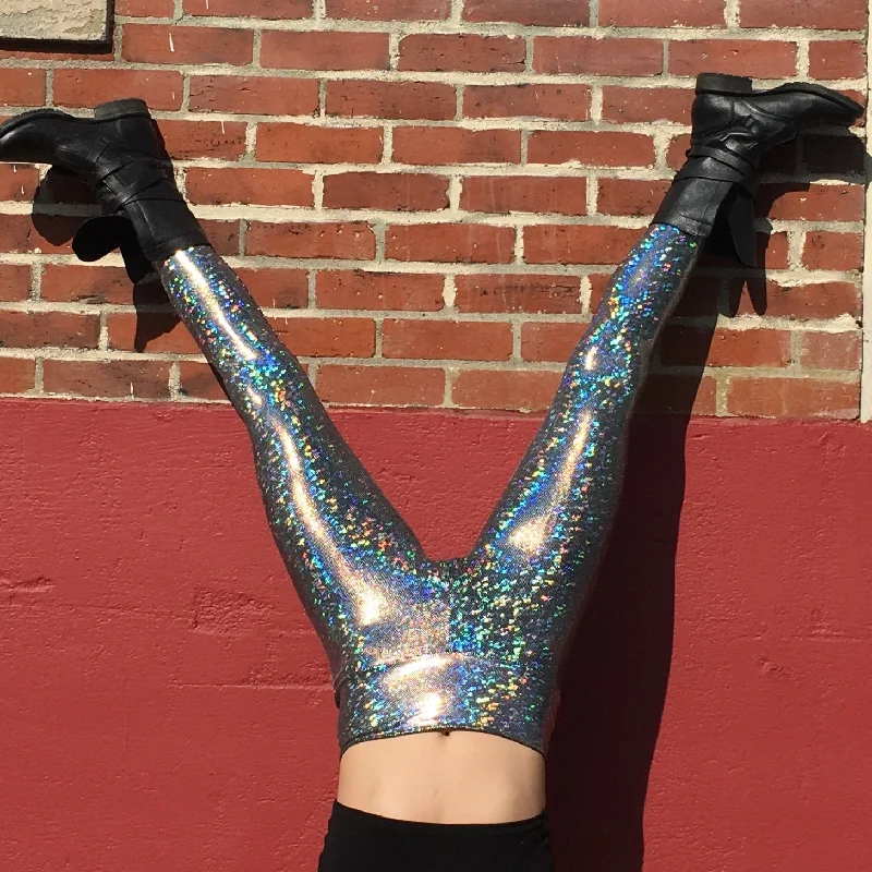 Women's Disco Silver Holographic Leggings - Dimensional Disco - Disco Ball Fashionable Sports Leggings