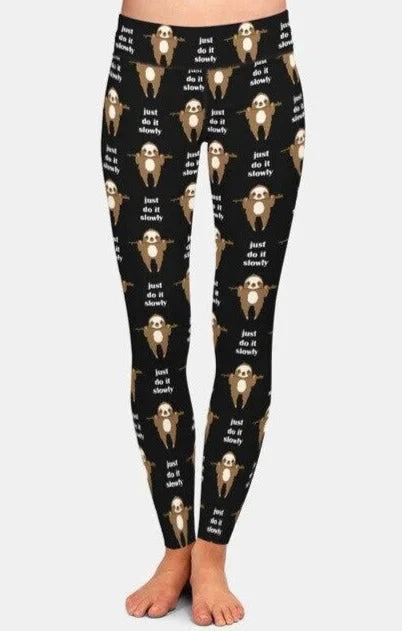 Womens Soft, Brushed Cute 3D Sloth Leggings Comfortable Zip-Up Leggings