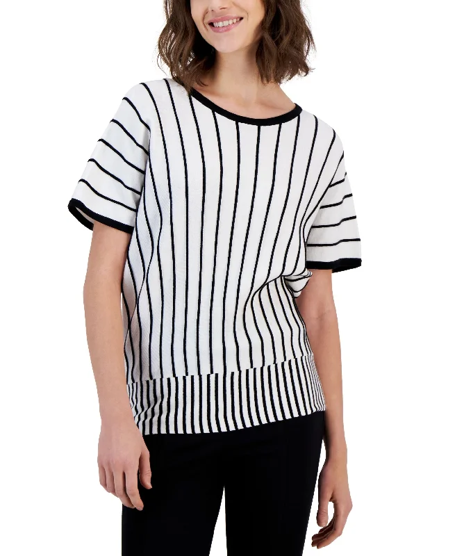 Women's Striped Boat-Neck Dolman-Sleeve Sweater Satin Blend Silk Blend Wool Blend