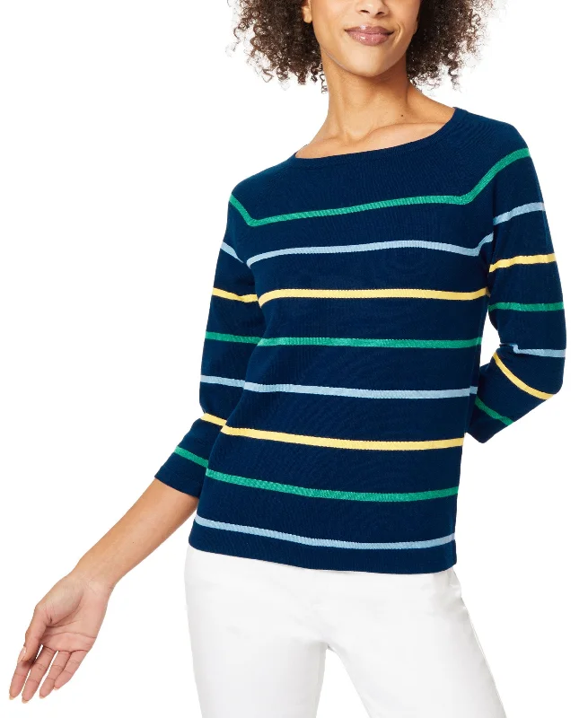 Women's Striped Boat-Neck Sweater Embroidered Appliqued Beaded