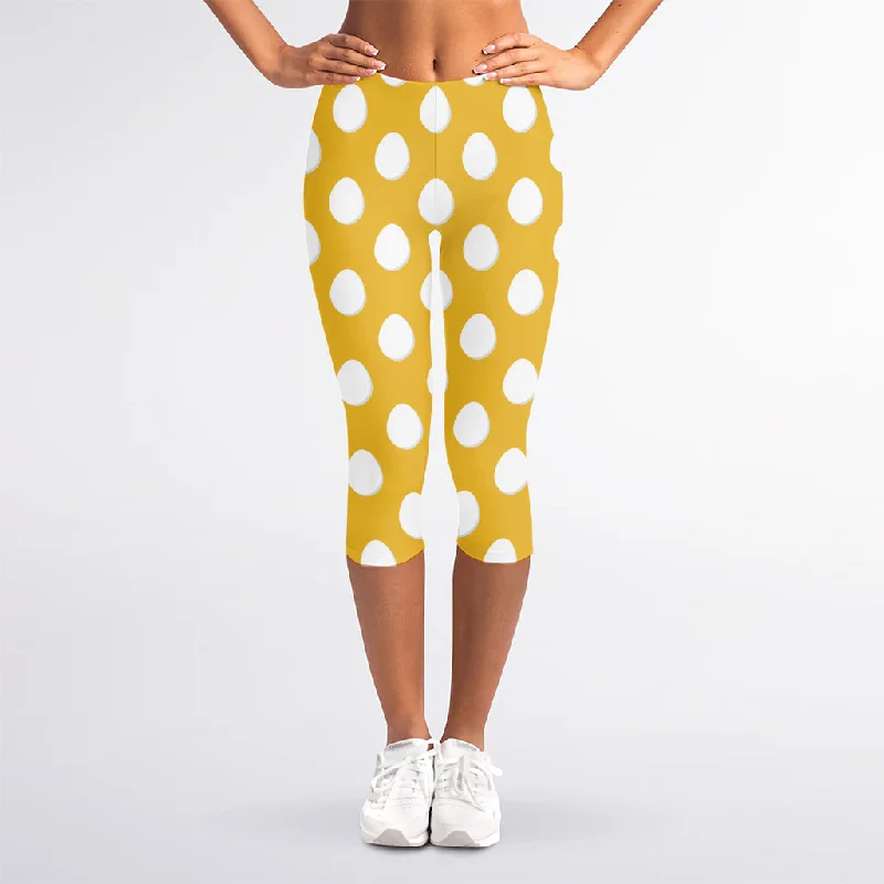 Yellow Eggs Pattern Print Women's Capri Leggings Trendy Black Mesh Leggings