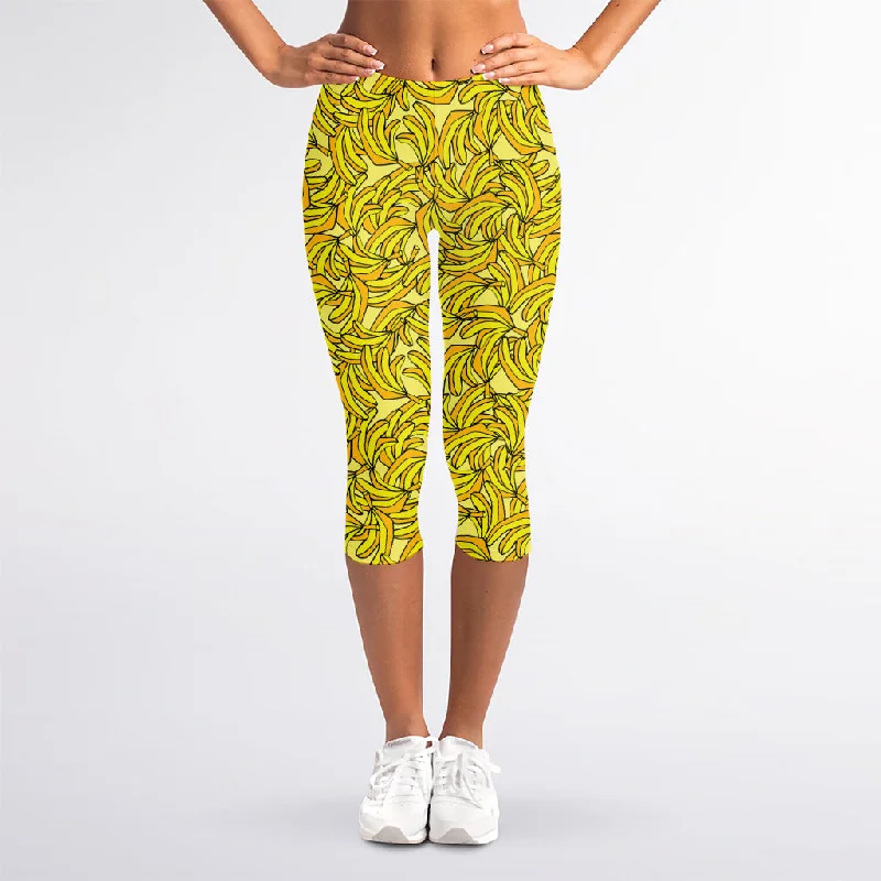 Yellow Geometric Banana Pattern Print Women's Capri Leggings Trendy Seamless Fit Leggings