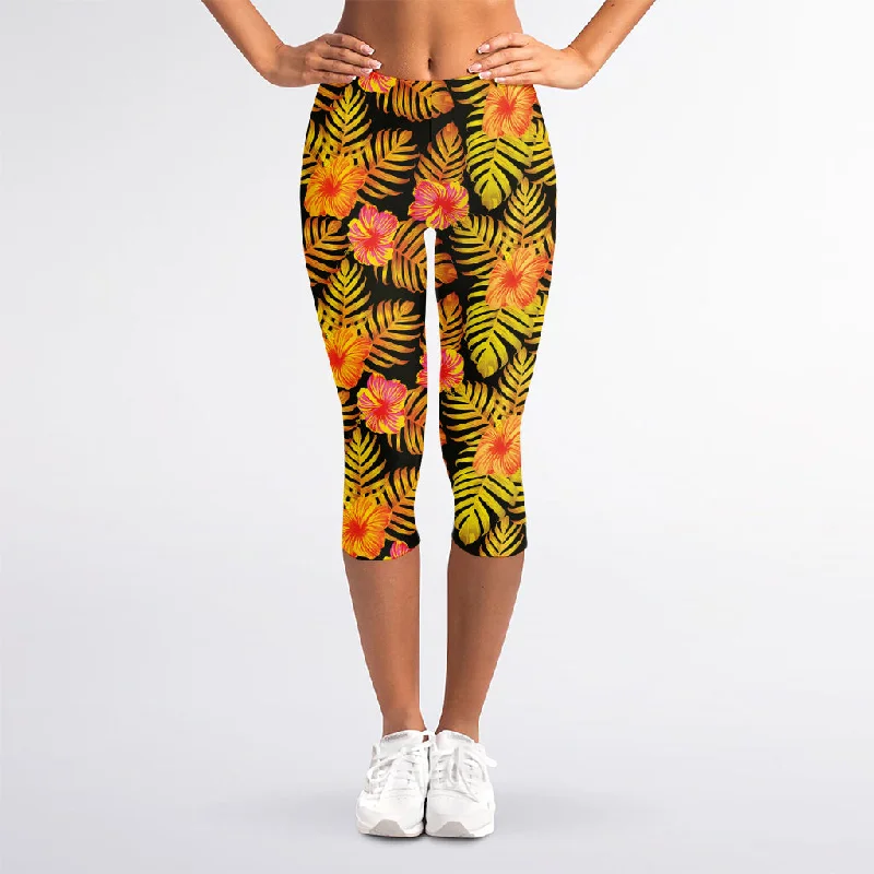 Yellow Hawaiian Tropical Pattern Print Women's Capri Leggings Trendy Ombre Effect Leggings