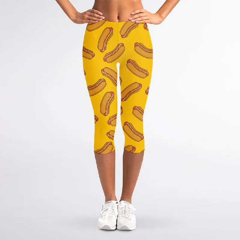 Yellow Hot Dog Pattern Print Women's Capri Leggings Stylish Printed Stretch Leggings