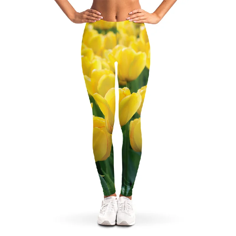 Yellow Tulip Print Women's Leggings Stylish Athletic Wear Leggings