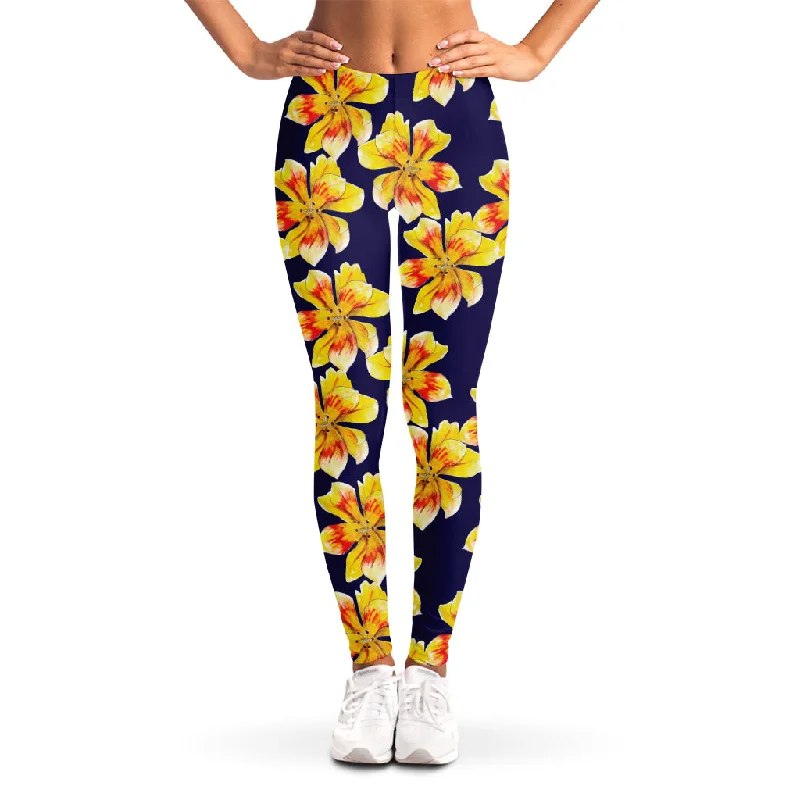 Yellow Watercolor Lily Pattern Print Women's Leggings Fashionable Leather-Look Leggings