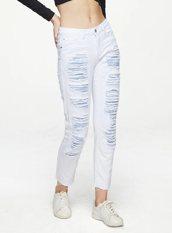 STRAIGHT PANTS WORN SPLICED WHITE JEANS Comfortable Folded Hem Jeans