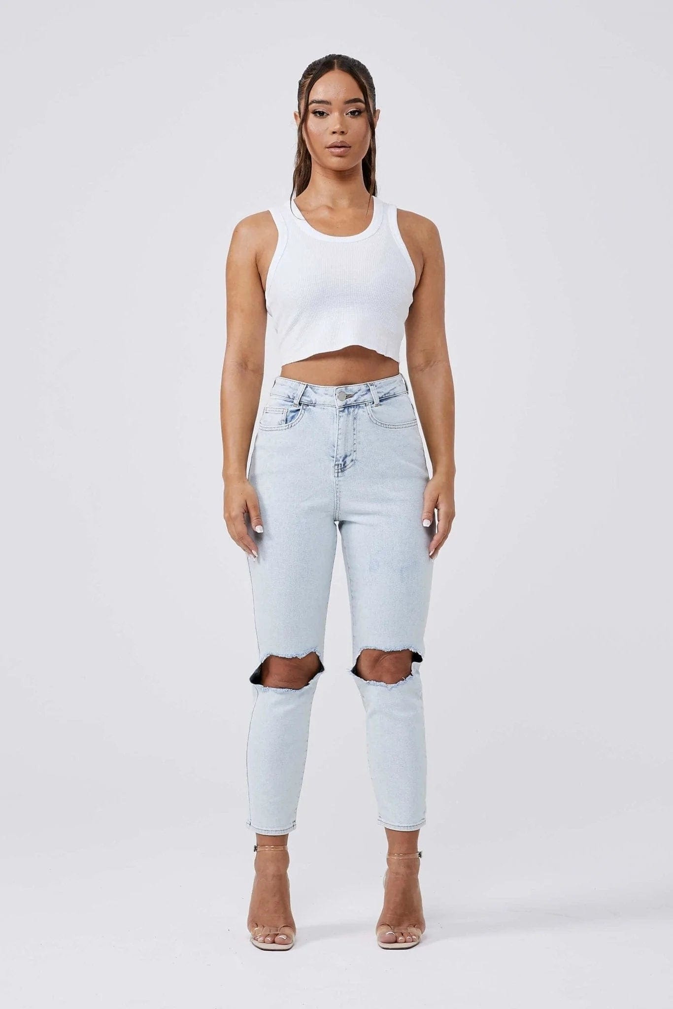 MOM JEANS KNEE RIPPED - BLEACH WASH Stylish Acid-Wash Jeans