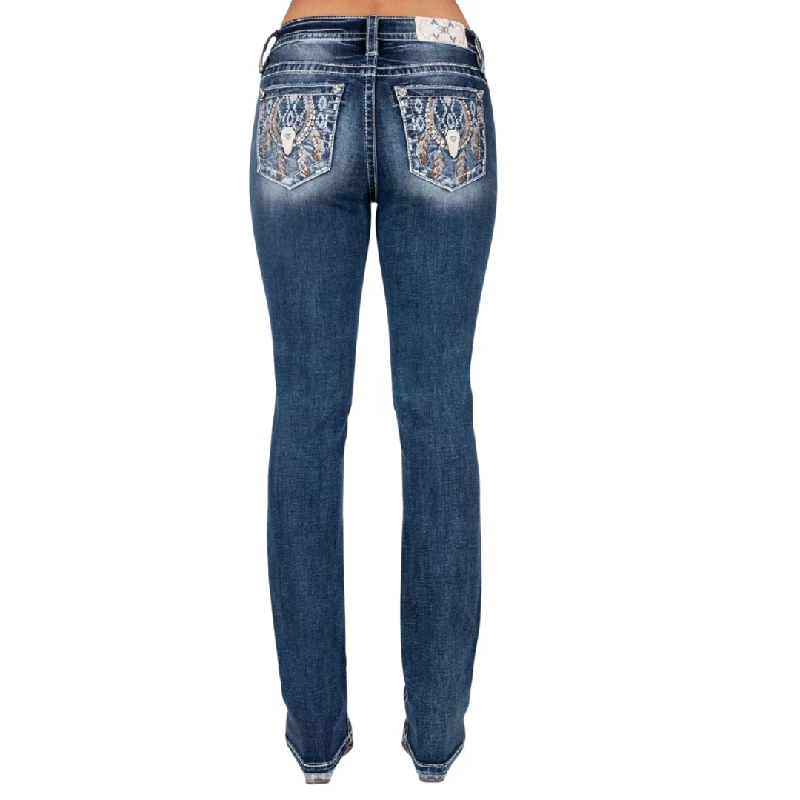 Aztec Dreamcatcher Horseshoe Straight Jeans By Miss Me M9237T Casual Wide-Legged Denim Jeans