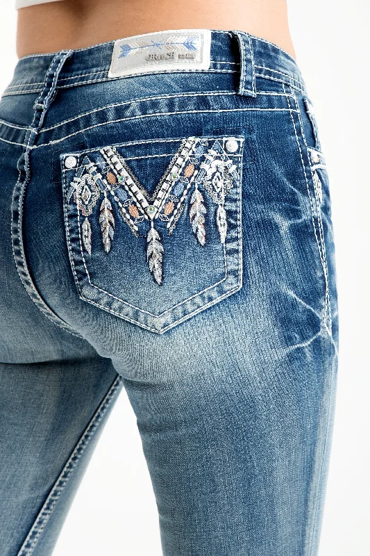 Aztec/Feather Embellished Mid Rise Skinny Jeans Fashionable Raw Edge Jeans