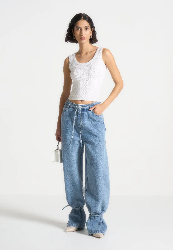 Baggy Mid Rise Jeans with Tie Waist - Mid Blue Comfortable Faded High-Rise Jeans