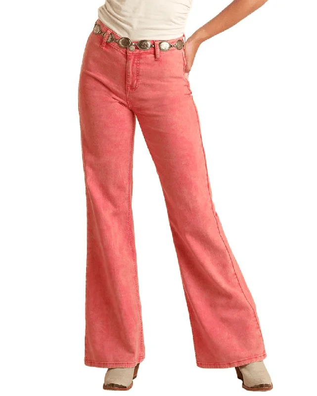 Rock & Roll Cowgirl Pink High Rise Distressed Wash Flare Jeans BW8PD03586 Comfortable Stretch Denim Jeans