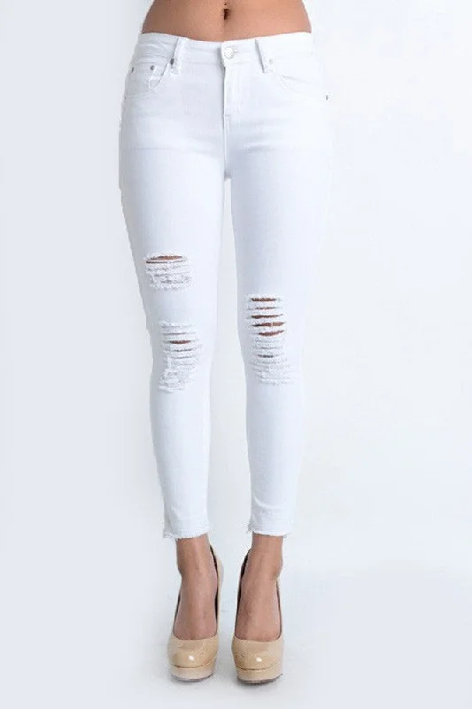 Cropped Hem Destroyed Skinny Fit Jeans Stylish High-Rise Mom Jeans