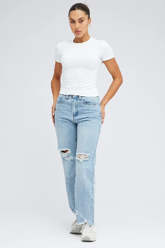 Denim Boyfriend Jeans Mid Rise Trendy Patchwork Denim Jeans