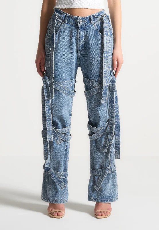 Denim Strap Cargo Jeans - Mid Blue Trendy Bootcut High-Waisted Jeans