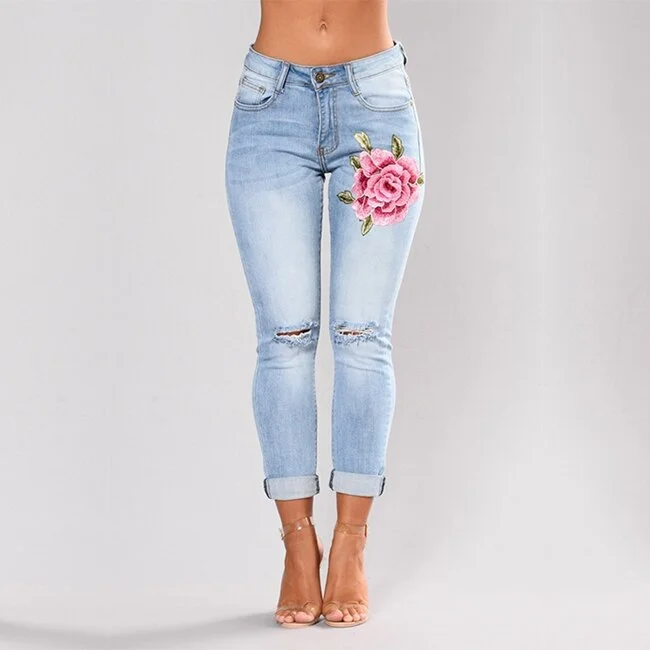 Embroidered Stretchy Flower Jeans Stylish High-Waist Jeans