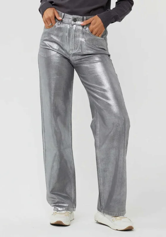 Esqualo Metallic Straight Leg Jeans, Silver Trendy Low-Rise Bootcut Jeans