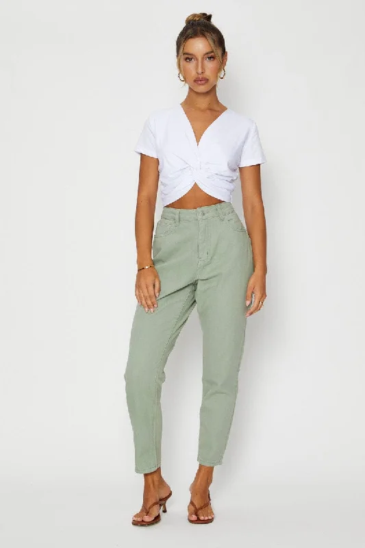 Green High Rise Mom Jeans Trendy Paperbag Waist Jeans