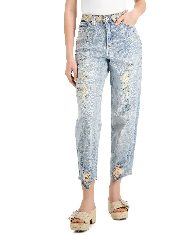 INC International Concepts Embellished Ripped High Rise Straight Leg Jeans Trendy Bootcut High-Waisted Jeans