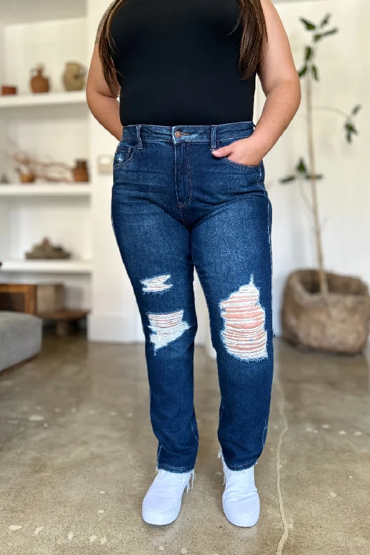 Judy Blue Full Size High Waist Rigid Magic Heavy Destroy Straight Jeans Classic Blue Denim Jeans