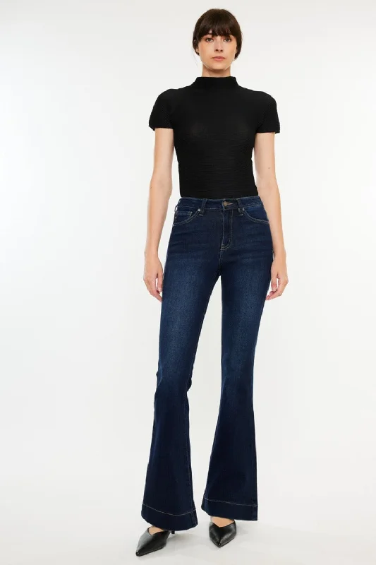 Kancan High Rise Slim Flare Jeans In Dark Fashionable Frayed Hem Denim