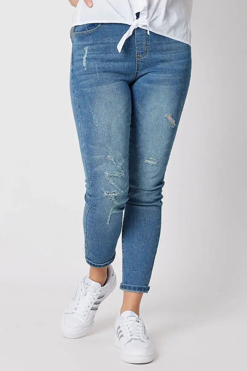 Leni Distressed Pull-On Stretch Jeans - Denim Elegant High-Waisted Flared Jeans