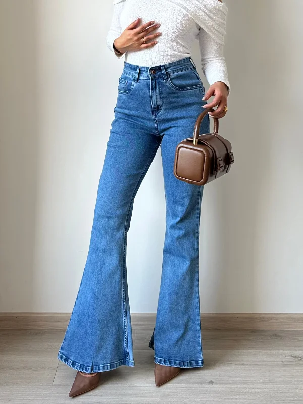 Light Blue Wash Flare Slit Bootleg Jeans Comfortable Jogger Style Jeans