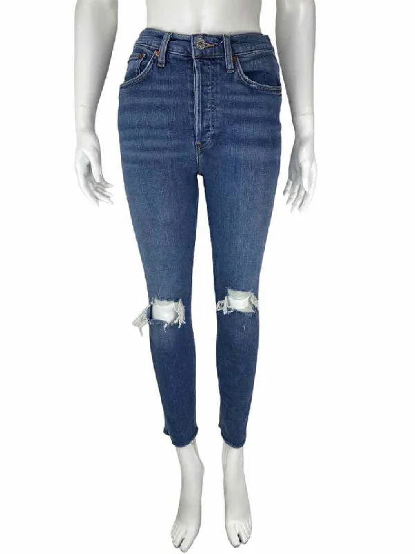 Re/Done Women's 90's High Rise Ankle Crop Jeans Dusk Destroy Size 27 (4) Fashionable White Denim Jeans