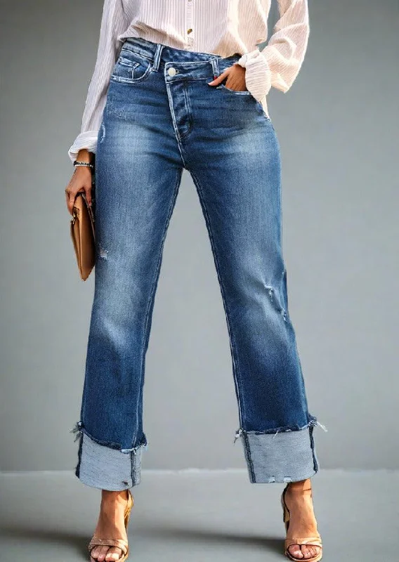 Stepped Waist Raw Hem Rolled Straight Jeans Chic Faded Blue Jeans