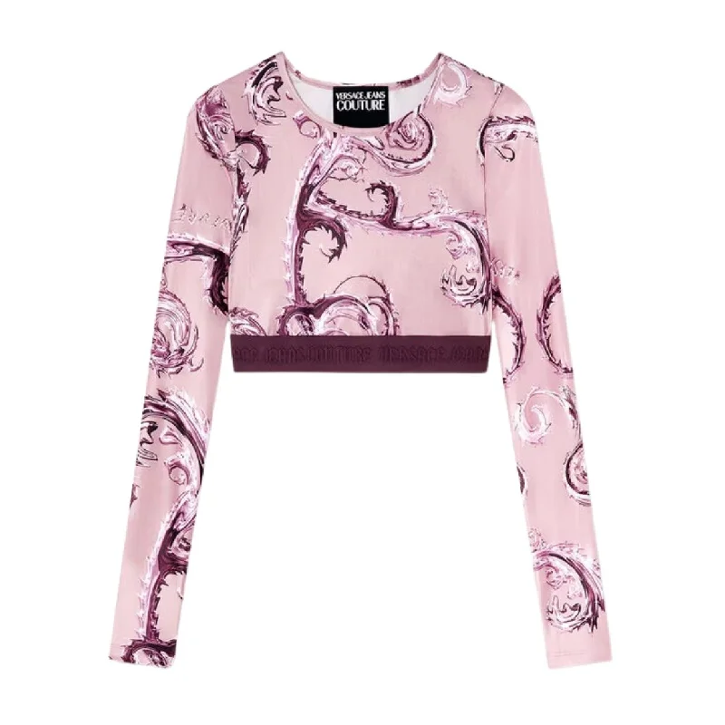 Versace Jeans Couture Chrome Couture Print Pink Crop Top Stylish Acid-Wash Jeans