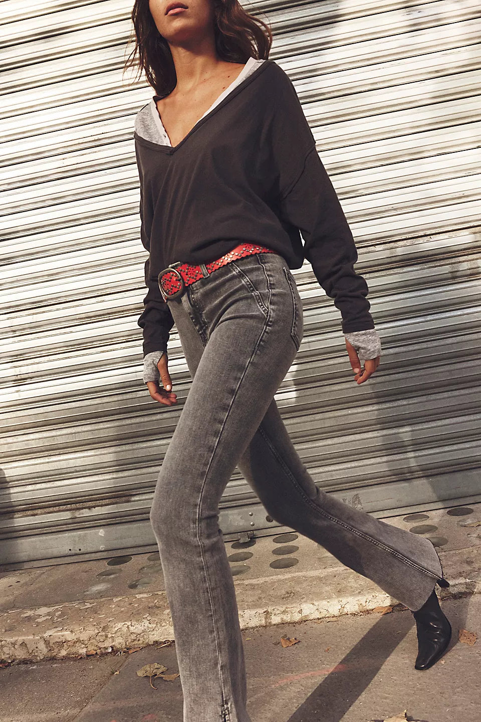 We The Free Level Up Slit Slim Flare Jeans Trendy Wide-Legged High-Waist Jeans