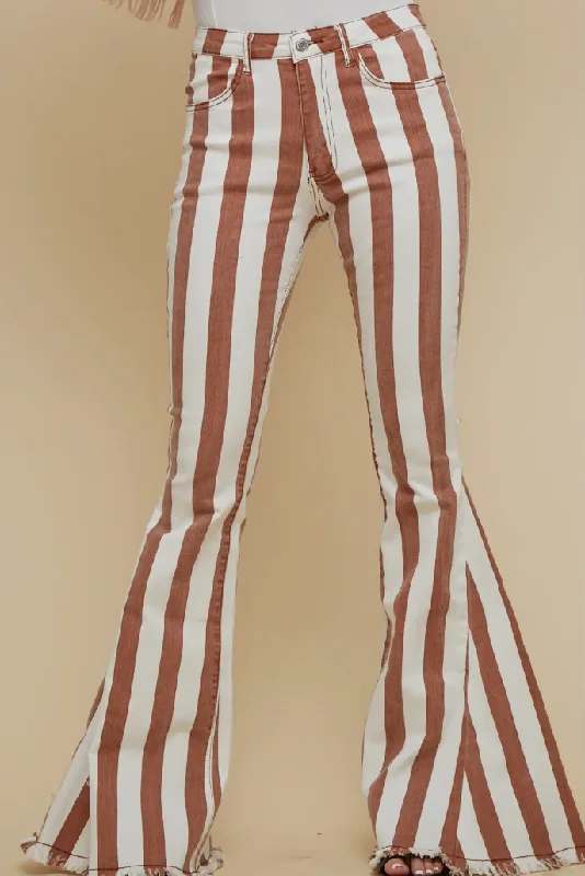 WL482 Vegas Line Tao Striped Bell Bottom Jeans Comfortable Folded Hem Jeans